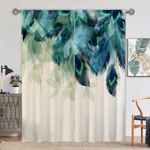 2pcs Window Curtain, Peacock Feather Printed Curtain, Suitable For Living Room, Bedroom, Kitchen, Bathroom, Home Decor, Room Decor