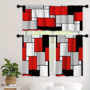 Red Black Grey Kitchen Curtains Set 3 Piece for Windows Curtains Valance and Tier Set 36 Inch Modern Rod Pocket Short Tier Curtain for Bathroom Abstract Cafe Curtains for Living Room Windows