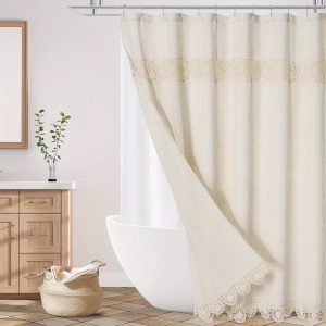 Boho Farmhouse Shower Curtain Set, Linen Cotton Fabric Shower Curtain with Macrame Lace Decor, Modern Bohemian French Country Chic Bathroom Curtain with PEVA Liner