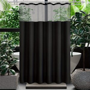 Gibelle Waffle Weave Shower Curtain with Mesh Top Window and Hooks Set, Spa Like Hotel Style Fabric Shower Curtain for Bathroom