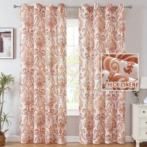 2 Panels PrinceDeco Linen Curtains 84 Inch Length for Living Room Natural Linen Blended Framhouse Curtains & Drapes for Sliding Glass Door, Terry Red, Floral Pattern