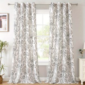 2 Panels PrinceDeco Linen Curtains Damask Floral Natural Linen Blended Curtains for Living Room 108 Inch Length Drapes Vintage Floral Pattern Privacy Added Light Filtering Mid-Century Style