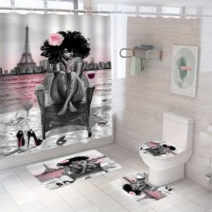 Romantic Parisian Bathroom 4-piece Bathroom Decor Fabric Shower Curtain Non-slip Bath Mat Toilet Mat