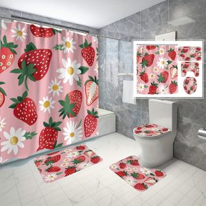 4pc Strawberry Bathroom Curtains Digital 3D Printing Waterproof Bathroom Curtains Set Bathroom Curtains Non Perforated Bathroom Curtains