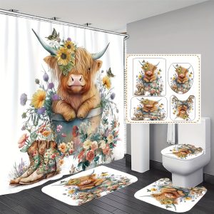 4pcs Cute Floral Cow Bathroom Set: Rug, Toilet Mat, Cover Pad, Waterproof Curtain with Hooks (180x180cm/70.9x70.9in)