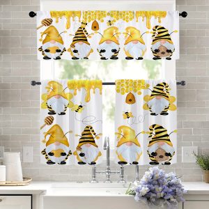 1pc Valance/2pcs Cafe Curtains Tiers Sweet Summer Bees Gnomes Honeycombs Honey Kitchen Curtains, Small Curtains Spring And Summer Suitable For Home Decoration Kitchen, Bedroom, Study, Coffee Shop And Living Room Decor