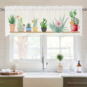 1pc Succulent Plants Green Kitchen Curtains Valance, Mexican Cactus Plant Cartoon Pattern Valance, Window Curtains Suitable For Kitchen Coffee Shop Home Decoration, 53.94inch X 17.72inch