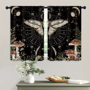 2pc Gothic Moth Mushroom Kitchen Curtains Tier Witchy Night Moon Phase Moonlit Mysterious Small Short Cafe Window Curtains Window Treatment Drapes For Living Room Office Home Decor, W27.5inch*H39inch