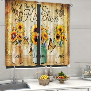 Rustic Sunflower Kitchen Curtain Tiers Set of 2, Polyester Light-Filtering Window Treatments, Rod Pocket Pastoral Floral & Butterfly Print for Cafe, Office, Living Room, Home Decor - Machine Washable