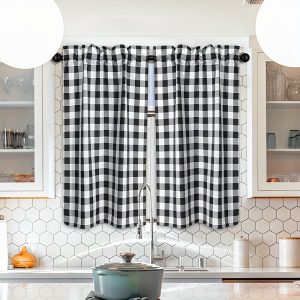 2pcs Farmhouse Kitchen Curtains Black And White Buffalo Plaid Tiers Curtains For Windows Light Filtering Rod Pocket Thermal Insulated Short Curtain Cafe Curtain Bedroom Cafe Kitchen Decor Window Treatments Home Decor