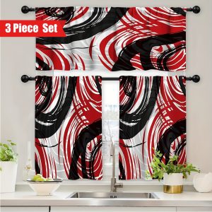 Red Black Grey Kitchen Curtains Set 3 Piece for Windows Curtains Valance and Tier Set 36 Inch Modern Rod Pocket Short Tier Curtain for Bathroom Abstract Cafe Curtains for Living Room Windows