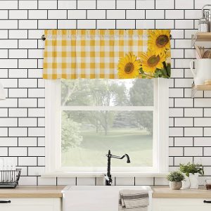 1pc Rustic Sunflower Check Kitchen Curtains with Rod Pocket - Farmhouse Style Window Treatments for Bedroom and Home Decor - 54x18in