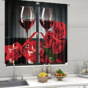 Red Kitchen Curtains 27.5W x 39H Rod Pocket Burgundy Curtains Rose Decor for Women Black Red Cafe Curtains Romantic Floral Flower Love Art Print Small Short Window Drapes 2 Panels